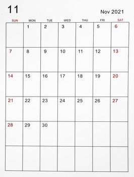 The November 2021 calendar template.