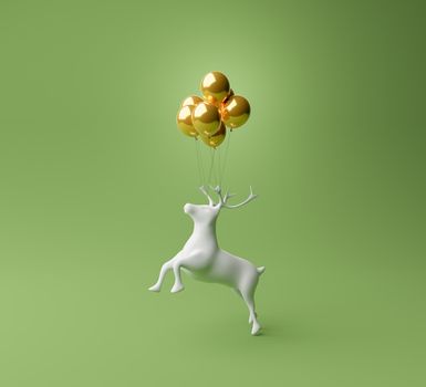 figure of a reindeer with golden balloons tied to his horns. minimalistic green background. concept of christmas, gifts and celebrations. 3d rendering