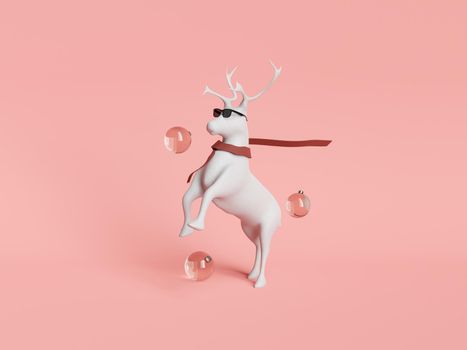 figure of a reindeer with sunglasses and scarf on a minimalist red background with christmas balls. winter concept. 3d rendering