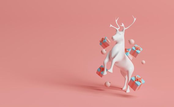 figure of a reindeer with presents and christmas balls floating around. minimalistic red background with space for text. christmas and presents concept. 3d rendering