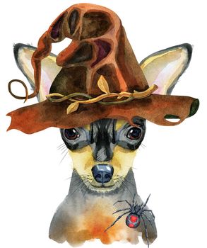Halloween greeting card. Toy terrier dog dressed as a witch with brown hat