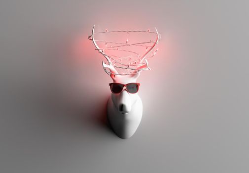 bust of a reindeer head with christmas lights wrapped around the antlers and sunglasses. christmas and winter concept. 3d rendering