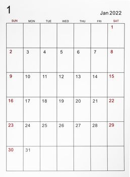 The January 2022 calendar template.