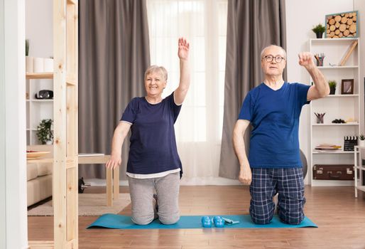 Happy old wife exercising near her husband. Old person healthy lifestyle exercise at home, workout and training, sport activity at home on yoga mat.