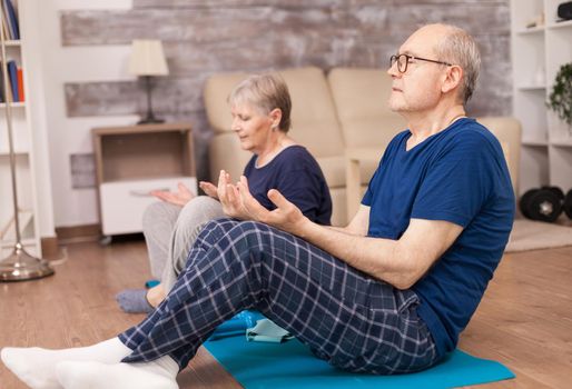 Elderly couple breathing in lotus pose. Old person healthy lifestyle exercise at home, workout and training, sport activity at home on yoga mat.