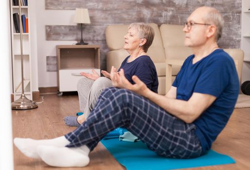 Two cheerful old people relaxing in yoga position. Old person healthy lifestyle exercise at home, workout and training, sport activity at home on yoga mat.