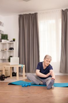 Grandmother with a healty lifestyle doing streching training. Old person pensioner online internet exercise training at home sport activity with dumbbell, resistance band, swiss ball at elderly retirement age