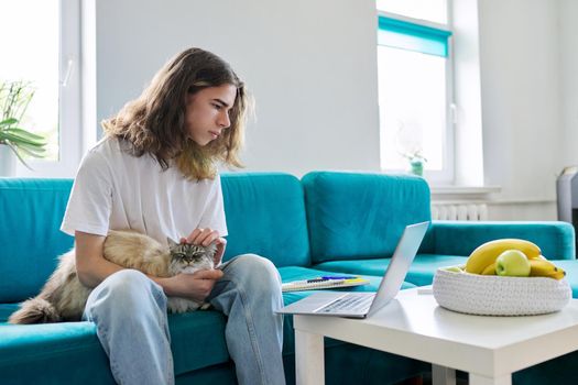 Guy teenager studies at home online with laptop and pet cat. Male 16, 17 years old sitting on couch looking at webcam, talking, using video call. E-learning, virtual lessons, technologies in education