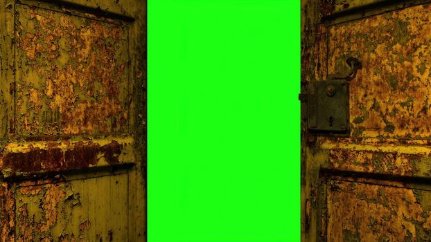 3d illustration - wooden door opening to green screen