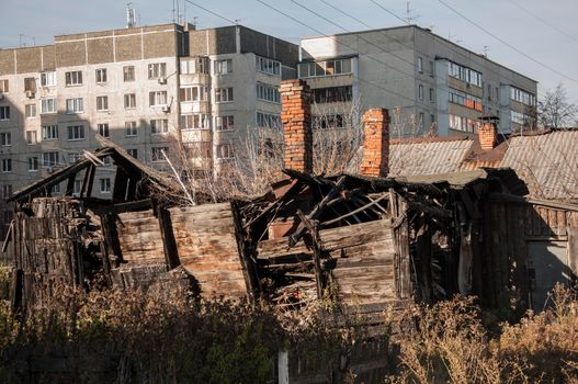 Old wooden house after the fire burned