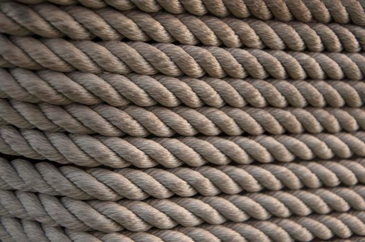 Hemp rope on weathered wood background