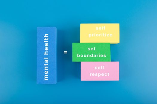 Mental health formula concept. Self prioritize, set boundaries and self respect written on multicolored rectangles on blue background. Mental health day, mental health assessment and awareness