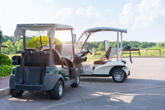 Golf car standing parking golf club Warm summer day Luxury lifestyle concept