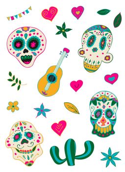 Skull Printable Sticker Pack. Day of the Dead, Dia de los Muertos. Sugar Skulls with Colorful Mexican Elements and Flowers. Fiesta, Halloween, Holiday Poster, Party Flyer.