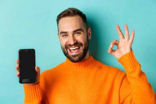 Photo of caucasian man showing mobile screen and okay sign, approve online store, smartphone app, standing satisfied over light blue background.