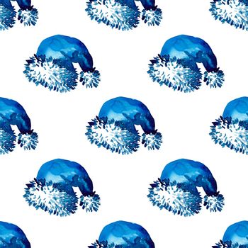 XMAS watercolor Santa Claus Hat Seamless Pattern in Blue Color. Hand PaintedCap Costume background or wallpaper for Ornament, Wrapping or Christmas Gift.