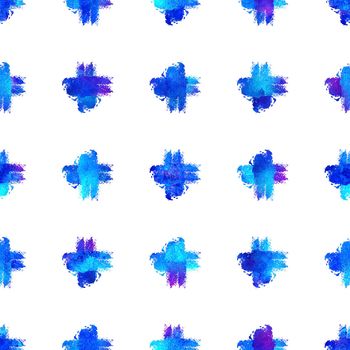 Watercolor Brush Cross Seamless Pattern Grange Geometric Design in Blue Color. Modern Grung Collage Background.