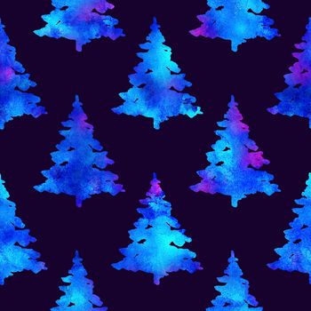 XMAS watercolour Fir Tree Seamless Pattern in White Color on Dark Blue background. Hand-Painted Spruce Pine tree wallpaper for Ornament, Wrapping or Christmas Decoration.