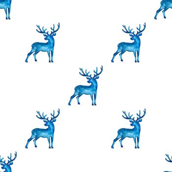 Reindeer XMAS watercolor Deer Stag eamless Pattern in Blue Color. Hand Painted Animal Moose background or wallpaper for Ornament, Wrapping or Christmas Gift.