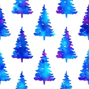 XMAS watercolour Fir Tree Seamless Pattern in Blue Color on white background. Hand-Painted Watercolor Spruce Pine tree wallpaper for Ornament, Wrapping or Christmas Decoration.