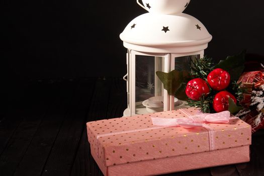 pink box gift christmas decoration holiday wooden table. High quality photo