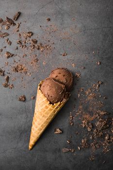 flat lay cone with ice cream table. High resolution photo