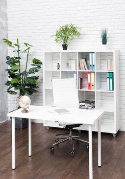 bright modern minimalist desk. High resolution photo