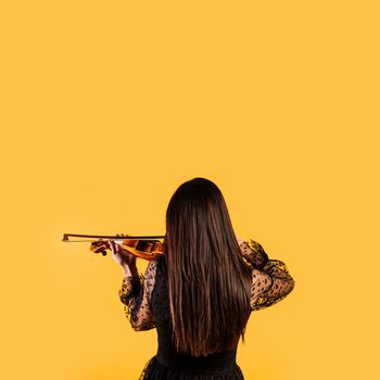 girl showing her back playing violin. High resolution photo