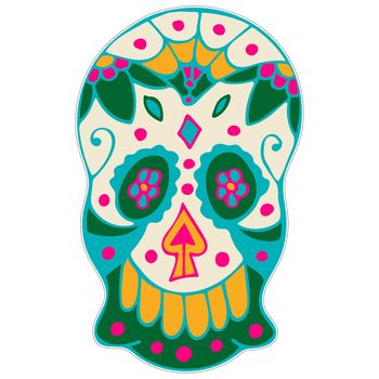 Skull Printable Sticker. Day of the Dead, Dia de los Muertos. Sugar Skull with Colorful Mexican Elements and Flowers. Fiesta, Halloween, Holiday Poster, Party Flyer.