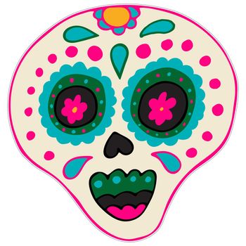 Skull Printable Sticker. Day of the Dead, Dia de los Muertos. Sugar Skull with Colorful Mexican Elements and Flowers. Fiesta, Halloween, Holiday Poster, Party Flyer.
