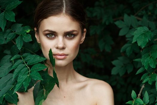 attractive woman skin care bare shoulders green leaves nature model. High quality photo