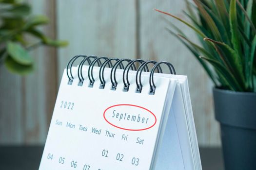 Blurred white September 2022 calendar with potted plant. 2022 New Year Concept