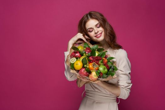 cheerful woman fashionable hairstyle bouquet of flowers decoration isolated background. High quality photo