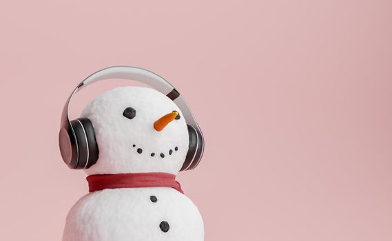 portrait of a snowman with headphones listening to music. 3d rendering