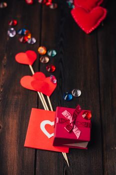 greeting cards decoration holiday valentines day hearts wooden background. High quality photo