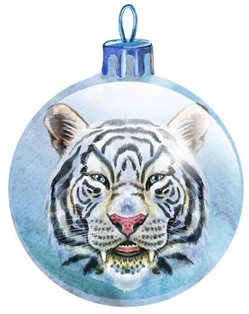 Watercolor Christmas white ball with tiger isolated on a white background.