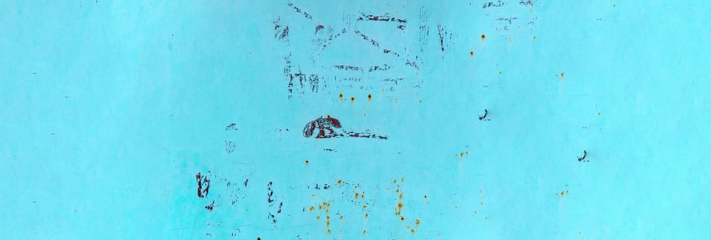 Color background: rusty metal surface with blue paint, peeling texture. banner