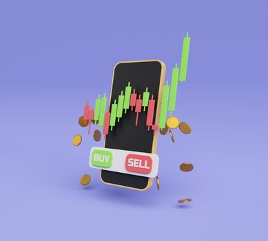 rising candlestick chart in front of a cell phone with buy and sell buttons and coins floating around. technology, investment and cryptocurrency concept. 3d rendering