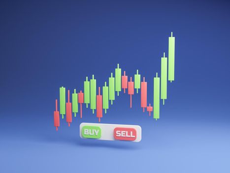 rising candlestick chart with buy and sell buttons below. minimal concept of cryptocurrencies and investment. 3d rendering.