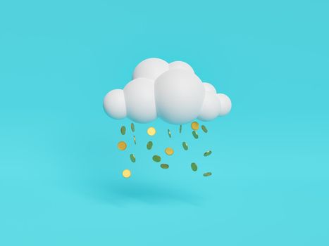cloud with rain of coins on blue background. minimal concept of investment, success and cryptocurrencies. 3d rendering