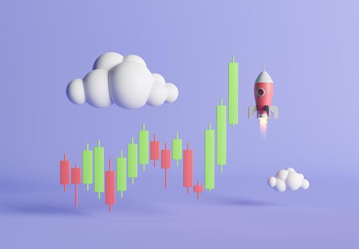 candlestick chart with a rocket ascending through the clouds. concept of success, take-off, cryptocurrencies and investment. 3d rendering