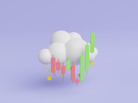 rising candlestick chart with a cloud and falling coins. concept of investment, success and cryptocurrencies. rain of money. 3d rendering