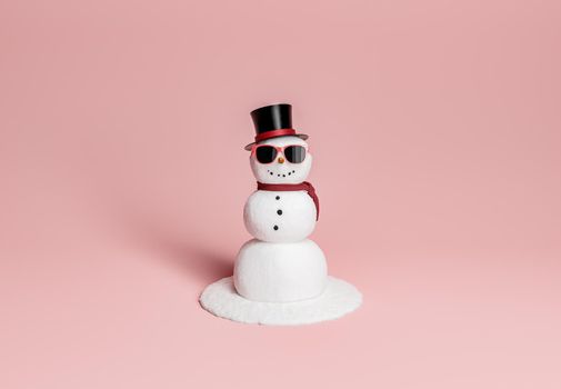 snowman with sunglasses, hat and scarf on a minimalist background with space for text. 3d rendering