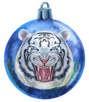 Watercolor Christmas blue ball with tiger isolated on a white background.