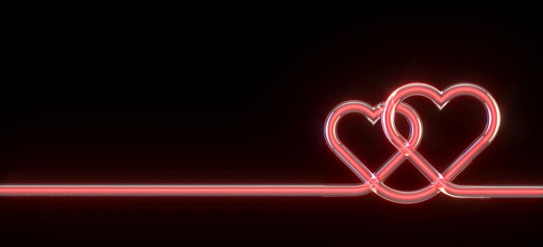 Two red glowing tube hearts 3D rendering illustration isolated on black background
