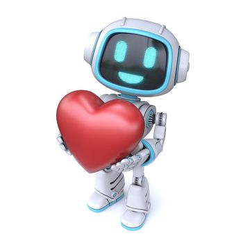 Cute blue robot giving a heart 3D rendering illustration isolated on white background