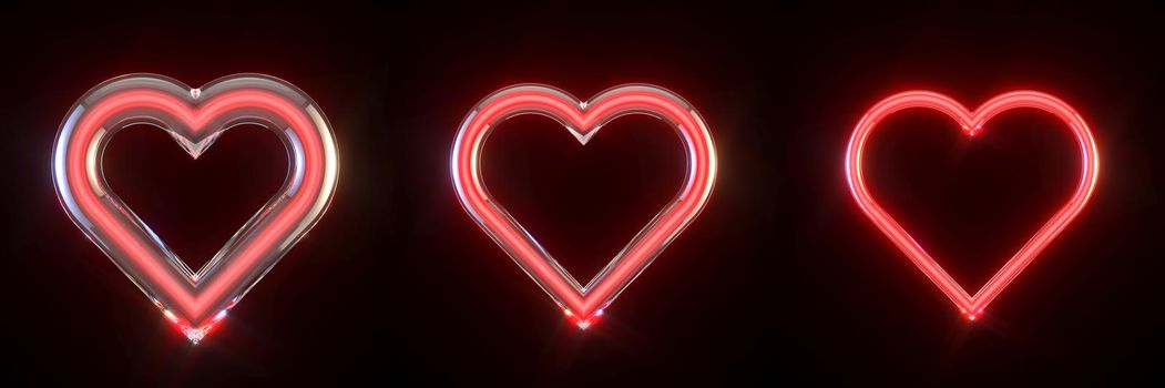 Three neon glowing red hearts signs 3D rendering illustration isolated on black background