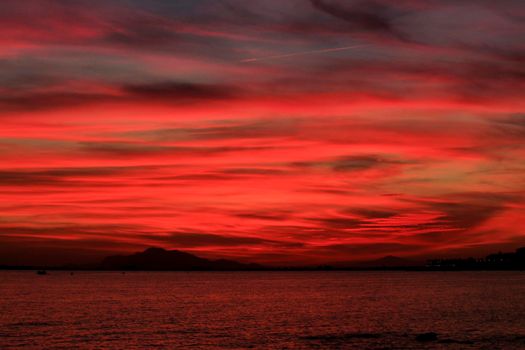 Colorful and Beautiful sky and sea at Sunset in Santa Pola, a small fishing village in southern Spain