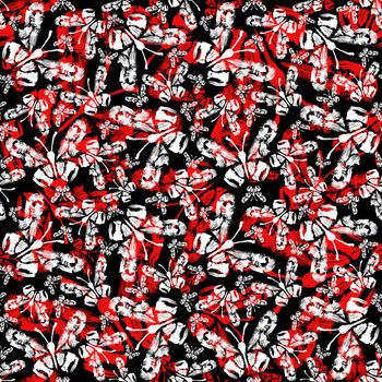 Abstract butterfly seamless pattern in red, white and black colors. Grunge splash draw paint