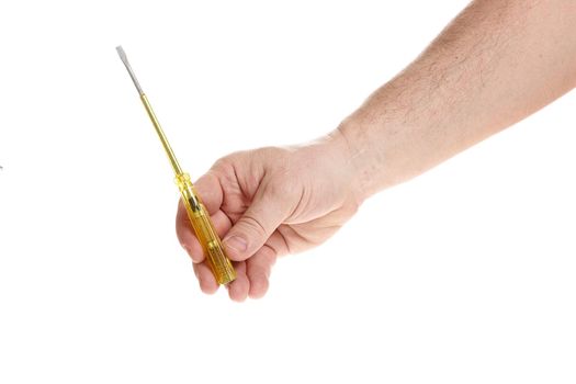 Hand holds a screwdriver on a white background, a template for designers. Close up